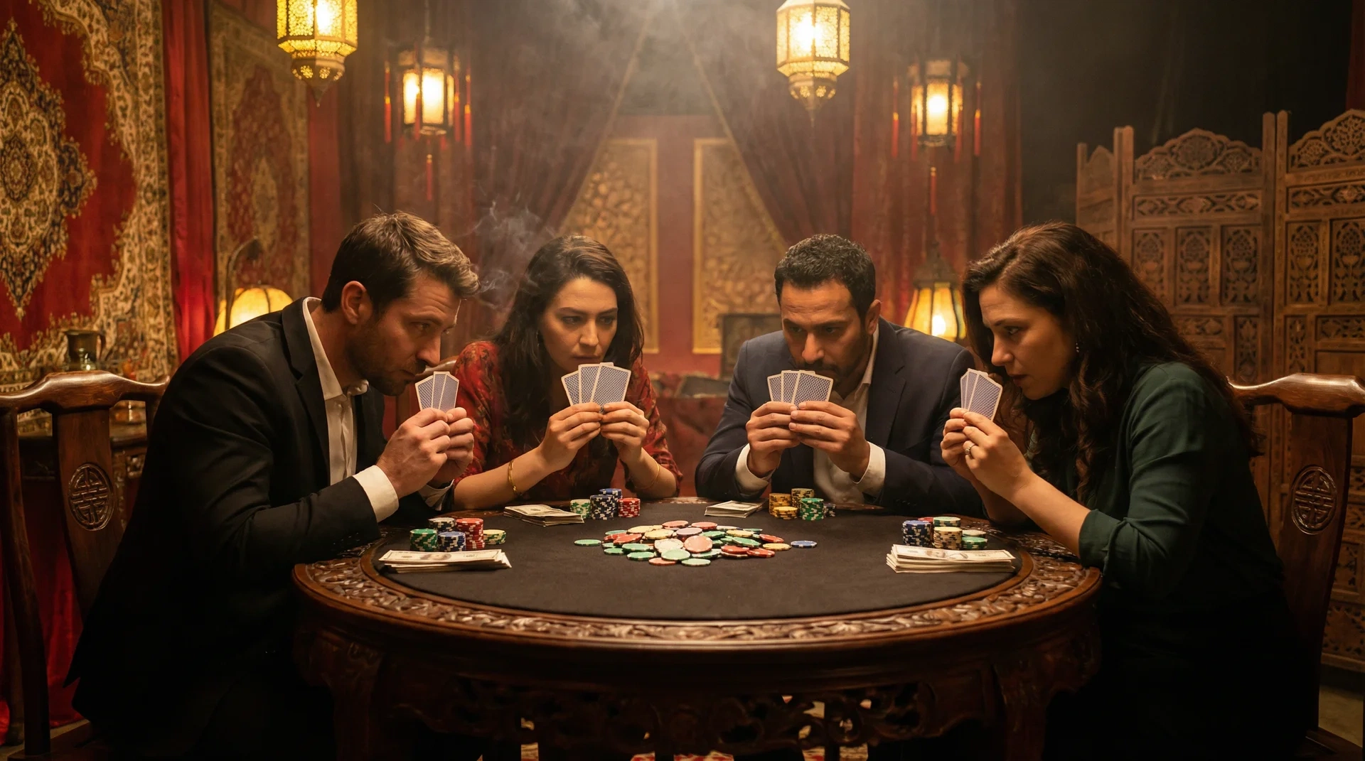 炸金花游戏中玩家偷看底牌的经典画面